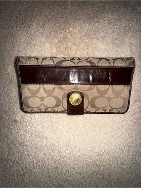 Coach Beige Signature Canvas Wallet with Brown Leather Trim